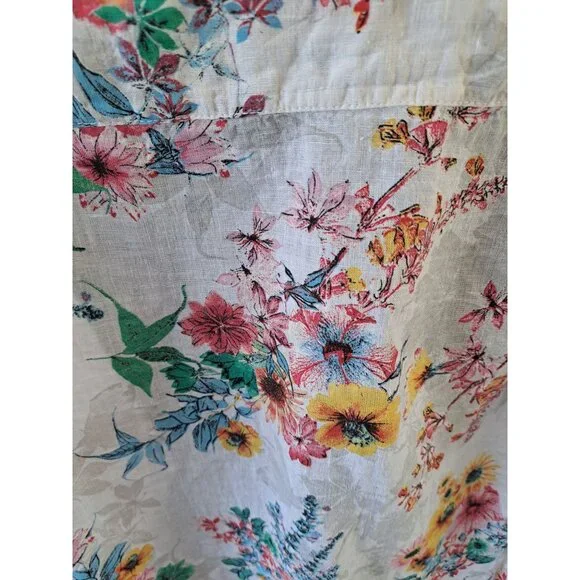 F.K. Italy Linen Floral Button-Up Blouse Mandarin Collar Floral Women XL Summer - Picture 6 of 9